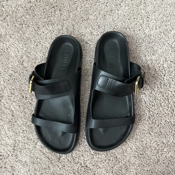 A Emery Prince Sandal Black Slide Sandals with Gold Buckle - Picture 3 of 6